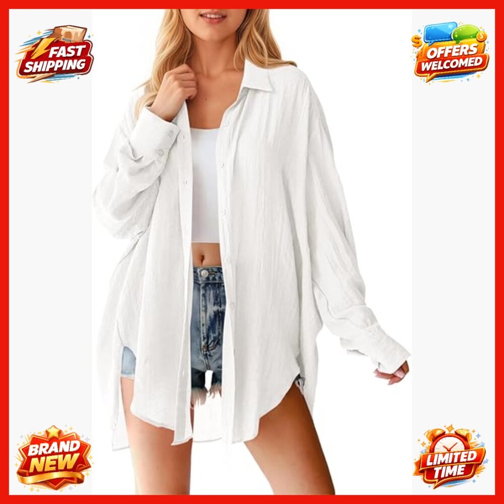 Oversized Button Down Shirt Long Sleeve Irregular Hem Blouse Rayon Blend